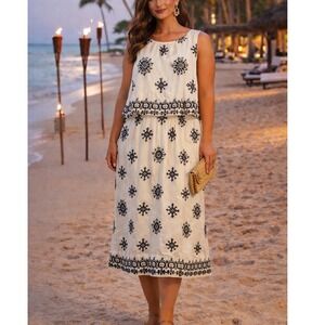 Umgee Cream Crepe Twofer Midi Dress Women's L Resort Travel Vacation Sundress